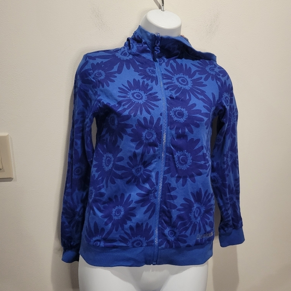 Desigual Kids Size 11/12 Zip Up Hoodie Reversible Blue Floral Small Flaw